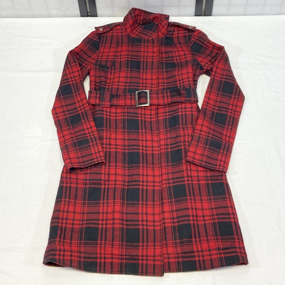 BB Dakota Plaid Wool Blend Long Trench Coat Red Black M Belted Full Zip Hi Neck - Picture 7 of 11